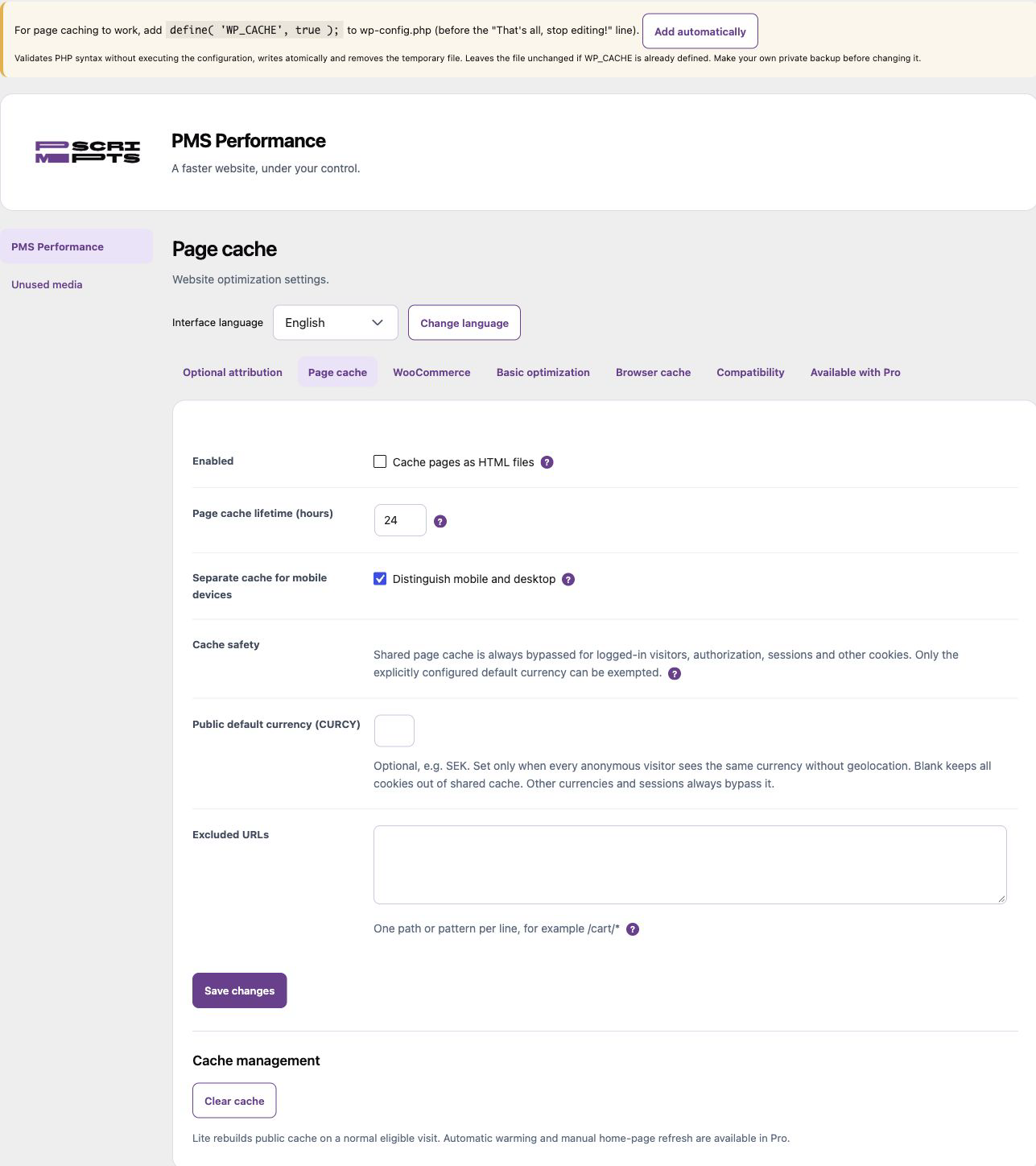 Page-cache settings in PMS Performance Lite 0.13.8