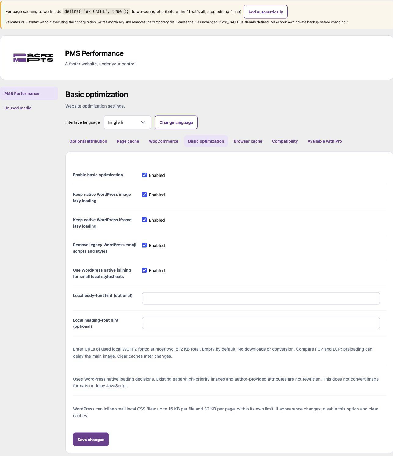 Native optimization and font preloads in PMS Performance Lite 0.13.8