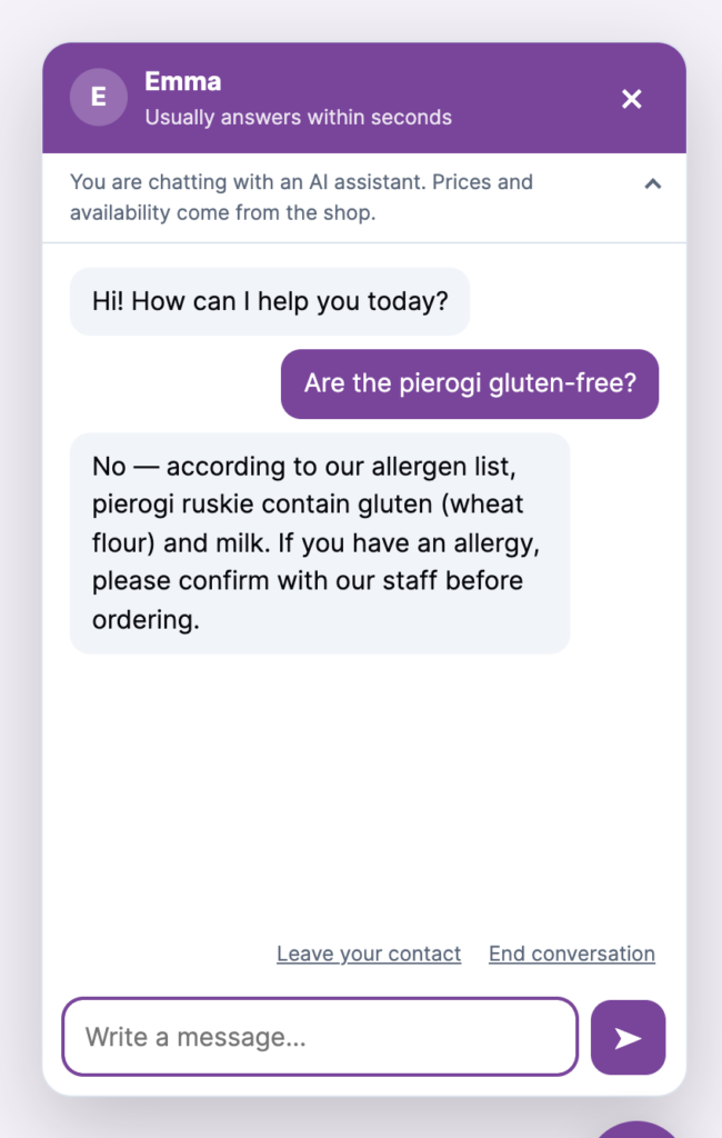 PMS Chat AI Pro answering an allergen question from the allergen list