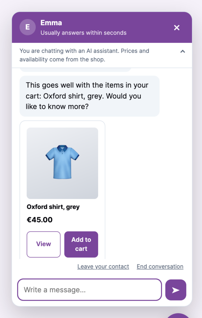 PMS Chat AI Pro suggesting a shirt that goes with the items in the cart
