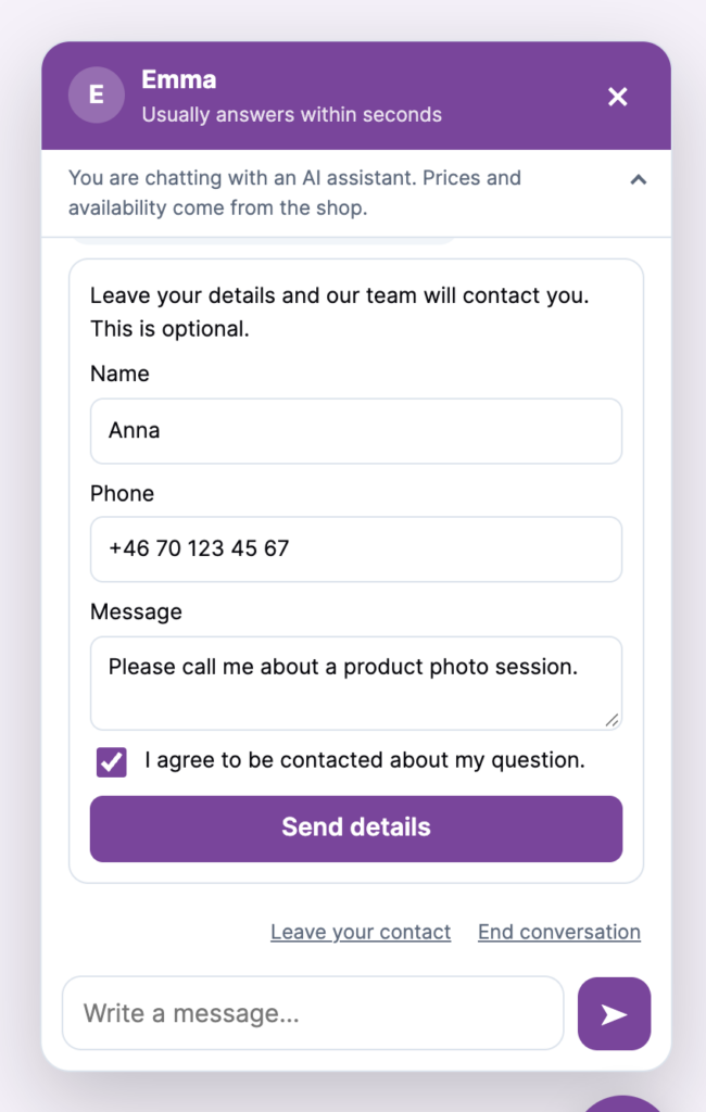 PMS Chat AI contact form for a call back inside the chat