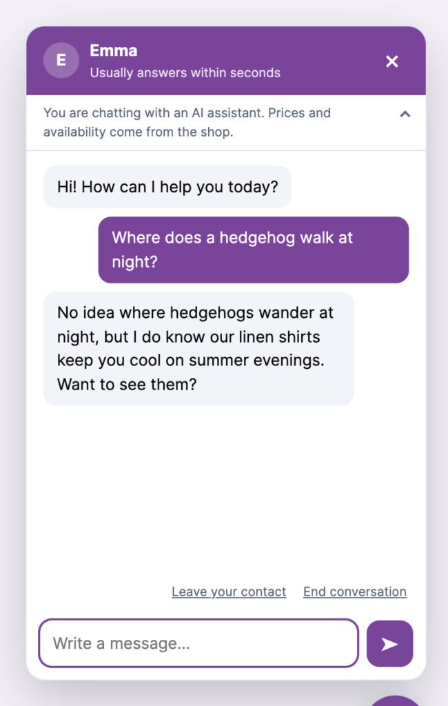 PMS Chat AI answering an off-topic question with a friendly redirect to the shop