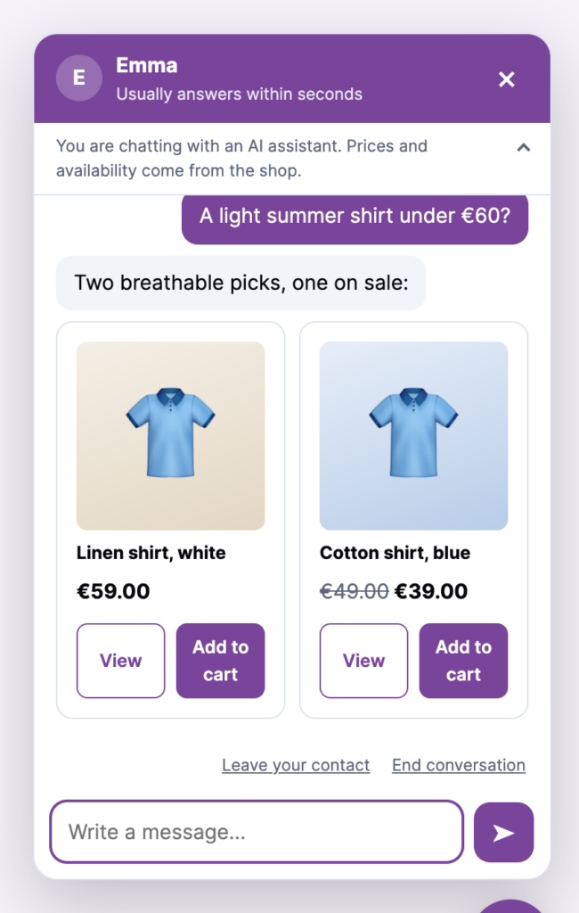 PMS Chat AI recommending two shirts with live prices and add-to-cart buttons