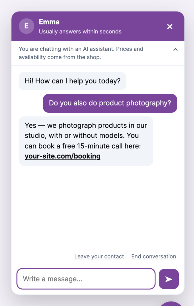 PMS Chat AI pointing a visitor to a booking page for a service