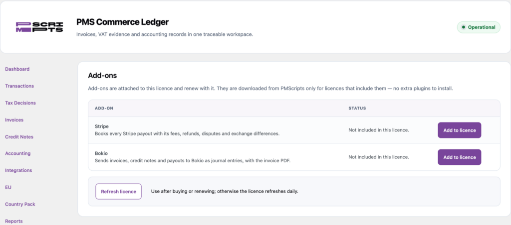 Add-ons screen with Stripe and Bokio integrations on the same licence