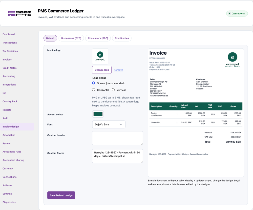 Invoice design with the shop logo, template tabs and a live preview of a sample invoice