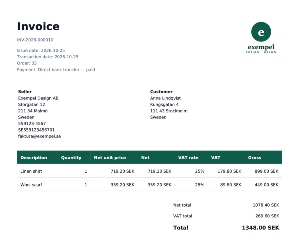 Invoice PDF with the shop logo top right, seller and customer details, VAT per line and totals