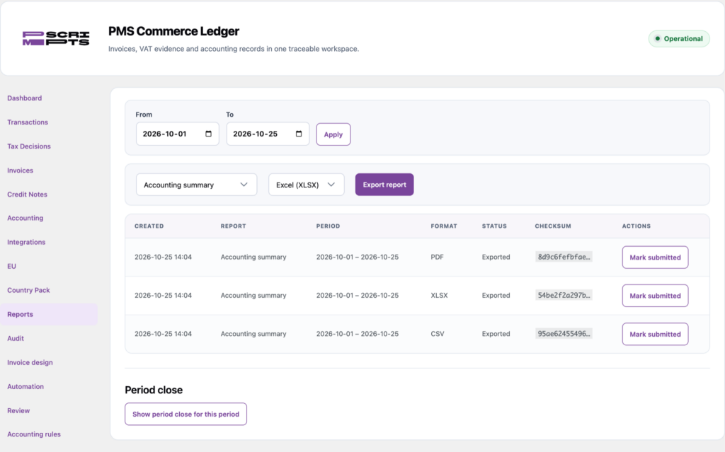 Report export as CSV, Excel or PDF with a history of exports and checksums